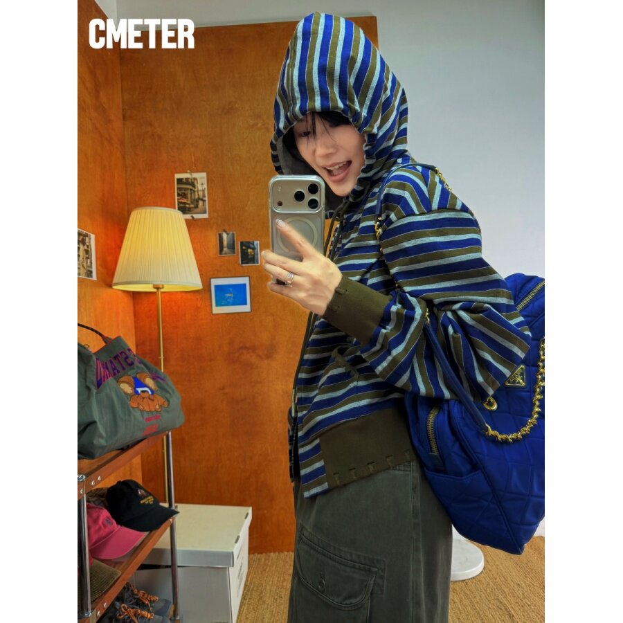 Cmeter复古撞色条纹连帽外套女短款春秋拉链卫衣开衫