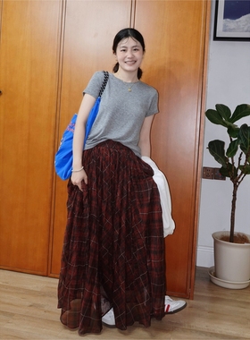 CMETER25春夏新品休闲百搭大摆格纹松紧腰半身裙