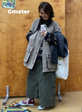 CMETER【复古人字呢】羊毛中长款加厚棉服外套女