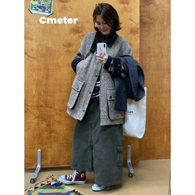 CMETER【复古人字呢】羊毛中长款加厚棉服外套女