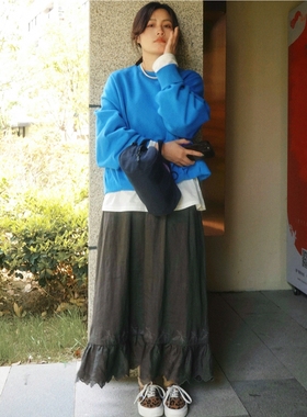 CMETER新款日系森系下摆刺绣全苎麻半裙