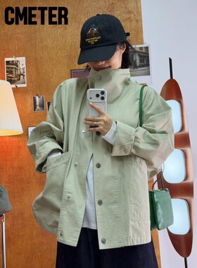 Cmeter斜立领工装夹克女宽松短款大口袋休闲外套上衣