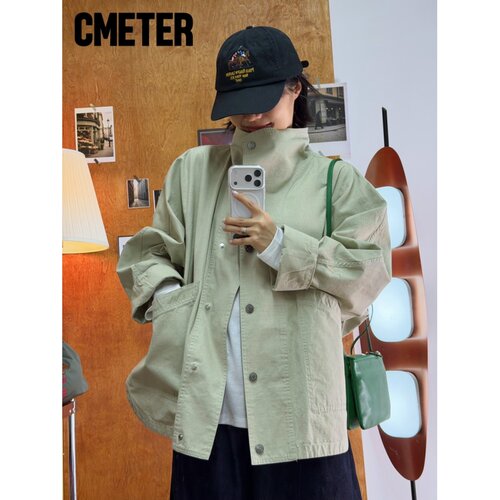 Cmeter斜立领工装夹克女宽松短款大口袋休闲外套上衣