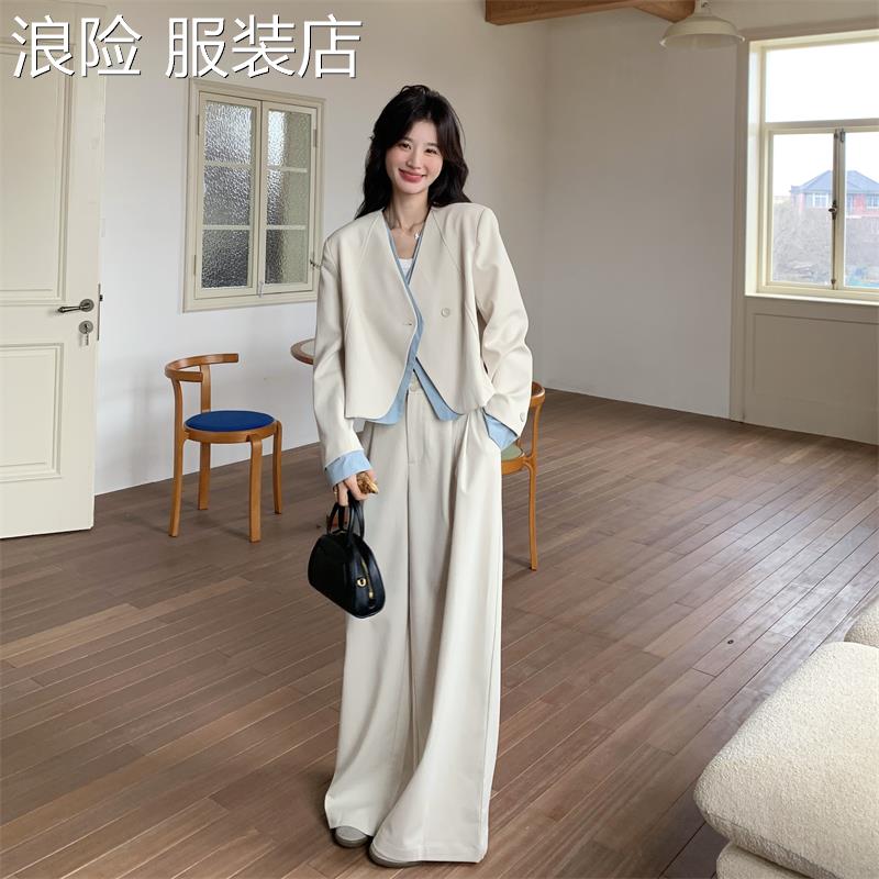浪险假两件西装阔腿裤套装女春秋2025新款两件套韩系休闲百搭ootd