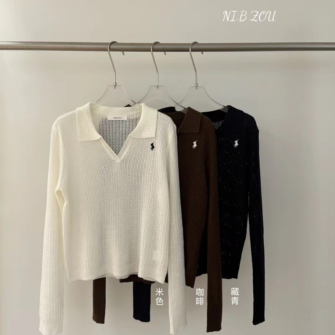 你别走薄款镂空polo领毛衣女秋季