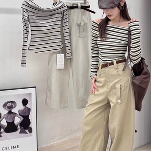 两件套 辣妹长裤 套装 女秋季 斜肩一字肩条纹上衣高腰显瘦阔腿休闲裤