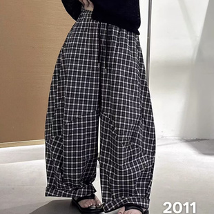 褶皱感薄款弯刀格子休闲裤女夏季慵懒宽松显瘦阔腿裤小个子运动裤