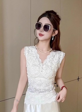 专柜同款白色蕾丝花边V领无袖背心女高端t恤显瘦气质内搭上衣ouse