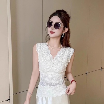 ouse蕾丝花边V领无袖背心女夏季