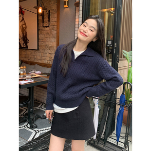 宽松显瘦气质上衣 鹿见喜 复古风POLO领麻花毛衣针织衫 女春季 新款