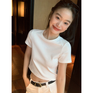 紧身辣妹上衣正肩百搭体恤 鹿见喜 基础修身 圆领正肩短袖 T女短款