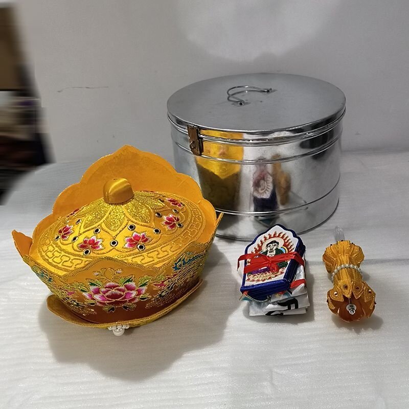 佛具用品法师帽毗卢帽手工苏绣僧帽佛帽配刺绣五佛冠帽铁盒子