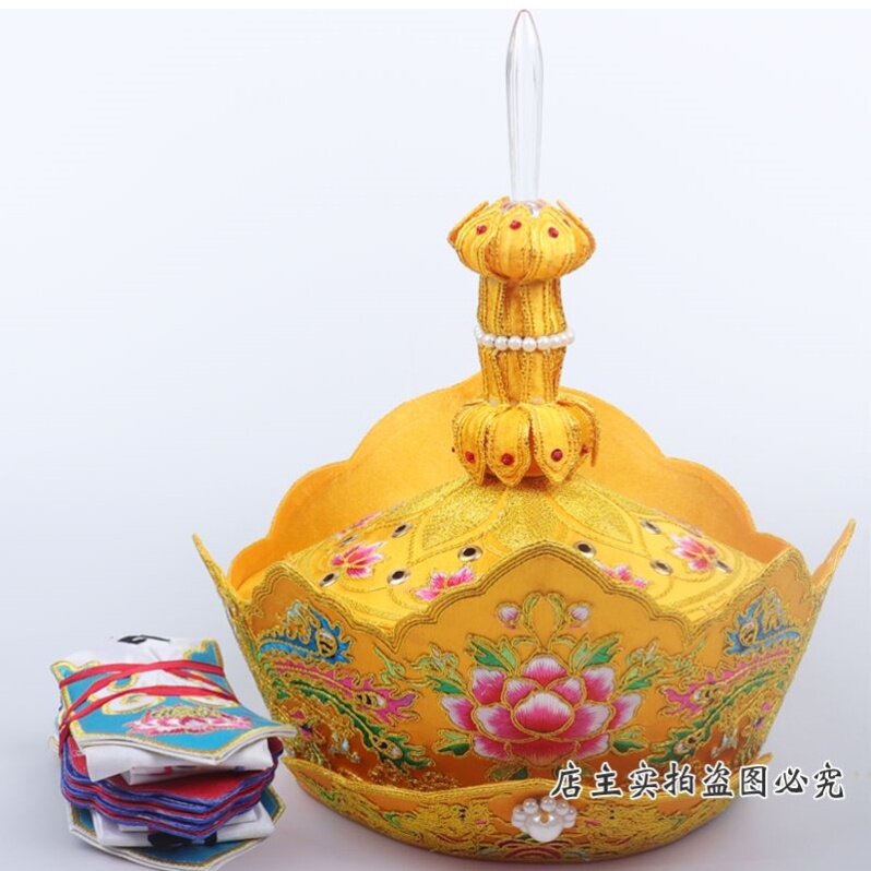 五佛帽焰口法器法师帽毗卢帽半手工苏绣高档僧帽佛帽赠五佛冠盒子