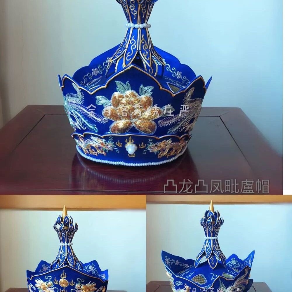 高档手工苏绣毗卢帽法师五佛冠僧帽凸龙凤帽真丝刺绣厂家直销