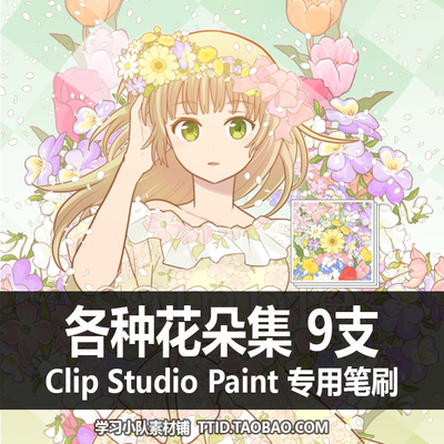 A1 281 CSP笔刷 花朵彩色 各种花朵集 9支 CLIP STUDIO PAINT