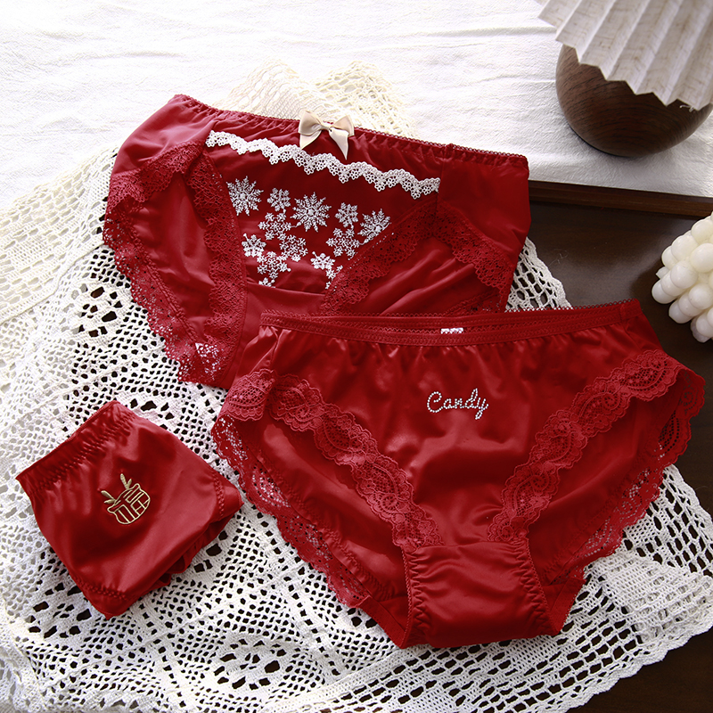 日系甜美风红色系列新年内裤刺绣少女心大红本命年女士三角裤棉裆