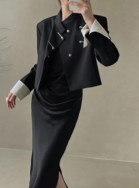 小众设计师2024春款RW羊毛拼色新中式西装外套盘扣中国风半身裙