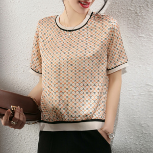 RM15054#碎花缎面雪纺衫短袖t恤女装上衣爆款