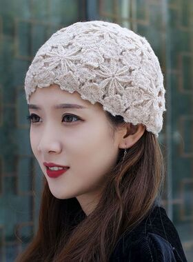 韩版潮手工钩花双层针织帽时尚镂空花朵女士毛线帽百搭甜美瓜皮帽