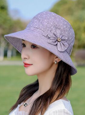 帽子女渔夫帽ins田园春夏新款盆帽洋气时尚遮阳可折叠中年防晒帽