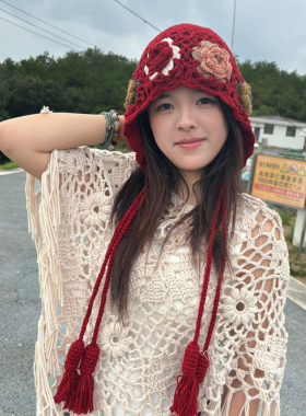 镂空花朵包头帽女吊坠可爱加厚款