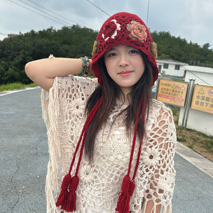 春秋镂空花朵包头帽女吊坠可爱薄款针织帽甜美优雅手工编织堆堆帽