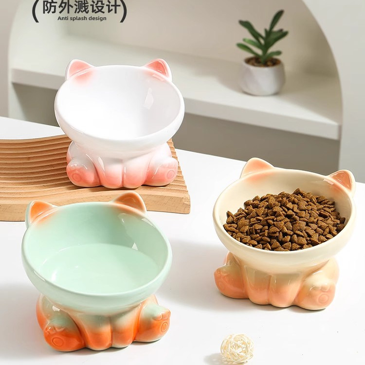 猫碗陶瓷渐变猫碗猫咪食碗猫咪碗喝水狗碗大口径宠物高脚碗防打翻