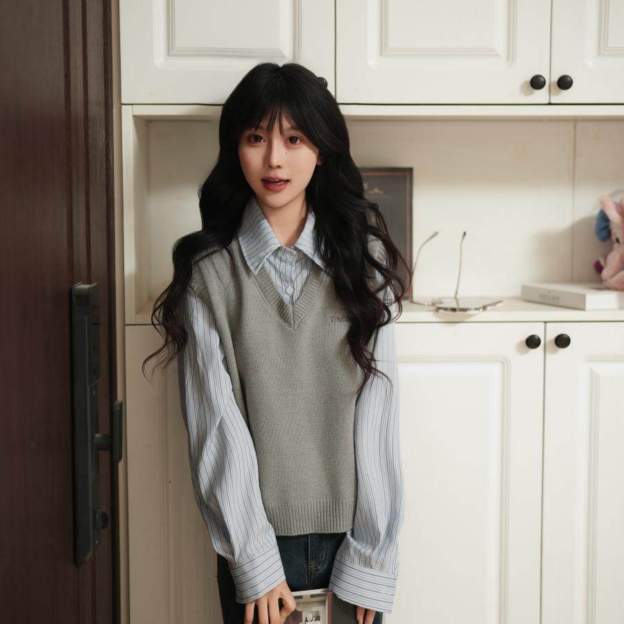 灰色背心拼接衬衫假两件条纹针织毛衣韩系穿搭Polo领开衫上衣春