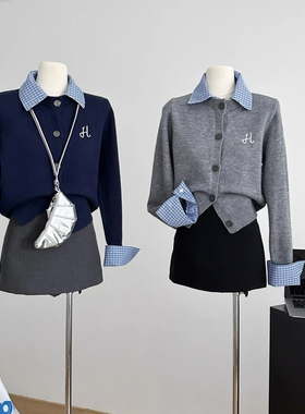 灰色polo领假两件针织衫女春秋季设计感宽松外搭毛衣外套上衣