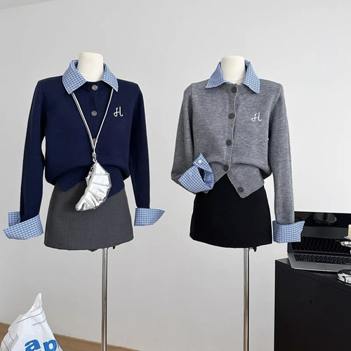 灰色polo领假两件针织衫女