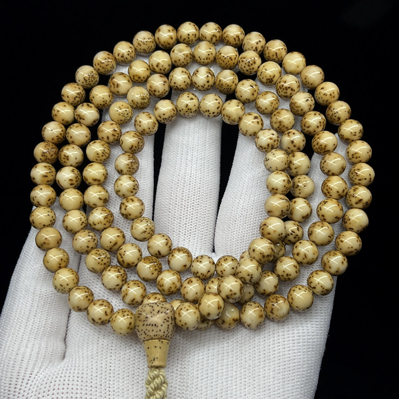 一物一图孤品8年陈籽金花虎皮8*8圆珠无月大留白星月菩提籽108颗