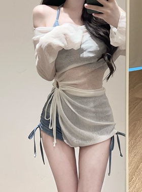 泳衣女款蓝色扎染分体比基尼罩衫三件套性感纯欲风女士泡温泉泳装