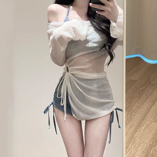 泳衣女款 蓝色扎染分体比基尼罩衫 三件套性感纯欲风女士泡温泉泳装