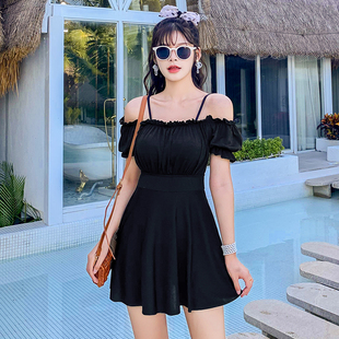 连体泳衣女韩国ins厂家直销遮肚显瘦纯色平角裙式 女士游泳衣 新款