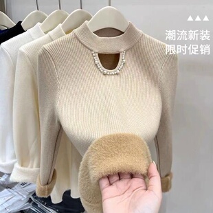 加绒加厚毛衣女冬季内搭一体绒小众设计感漏洞上衣半高领打底衫女