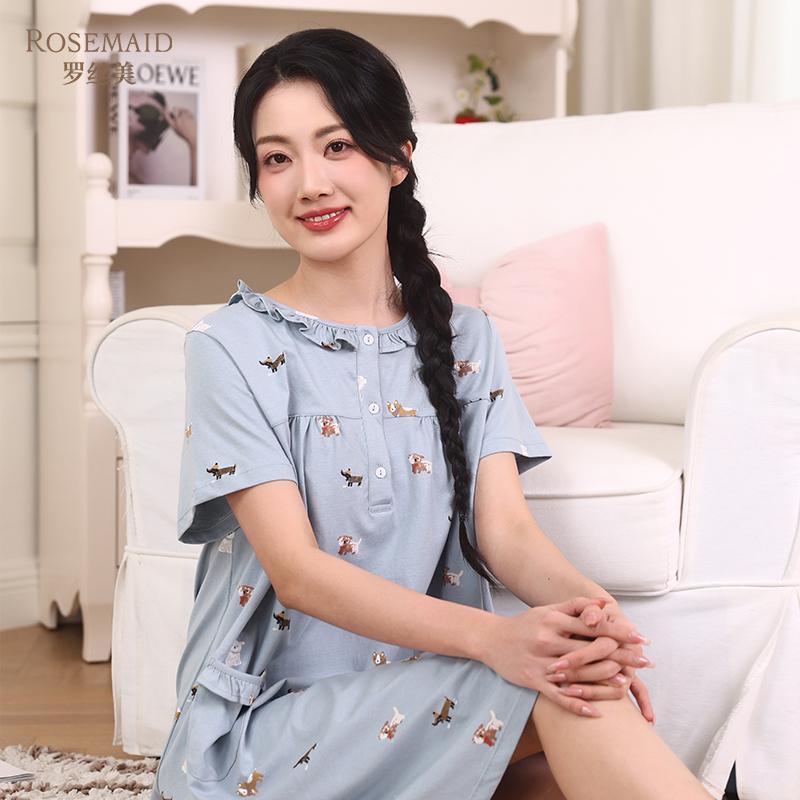 罗丝美2025春夏新款15006纯棉针织印花圆领半开襟短袖睡裙家居服
