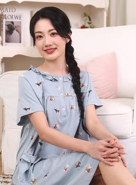 罗丝美2025春夏新款15006纯棉针织印花圆领半开襟短袖睡裙家居服