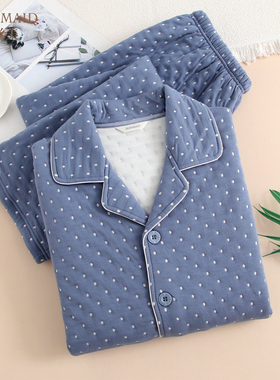 罗丝美秋冬新款65245纯棉针织加厚暖棉布男国民领长袖睡衣家居服