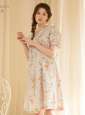 罗丝美春夏新款100%纯棉印花圆领镶蕾丝半开襟短袖女睡裙13027