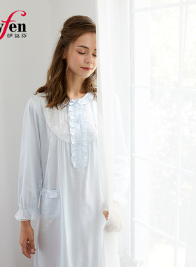伊丝芬秋冬长款睡裙纯棉直贡圆领镶蕾丝睡衣甜美浪漫家居服31213