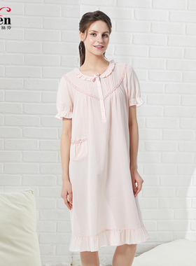 伊丝芬女士睡衣春夏季宽松新款纯棉圆领短袖阔版长睡裙 31026