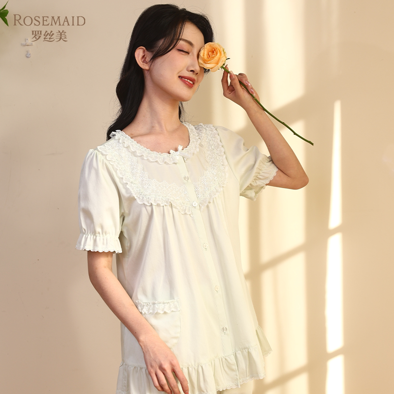 罗丝美纯棉睡衣女款2026新款春夏15063圆领短袖可外穿家居服套装