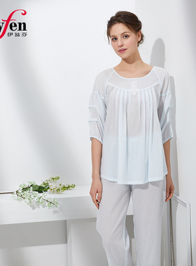 伊丝芬女士睡衣 春夏新款纯棉提花布圆领套头可爱阔版衣裤套31042