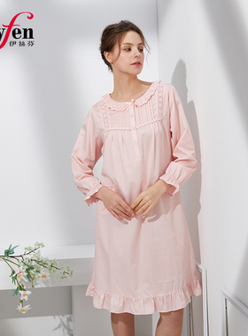 伊丝芬春夏新款 60支纯棉直贡 圆领镶蕾丝 全开襟长袖睡裙 31013