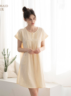 罗丝美春夏新品  圆领套头半开襟短袖睡裙纯棉双层纱12026