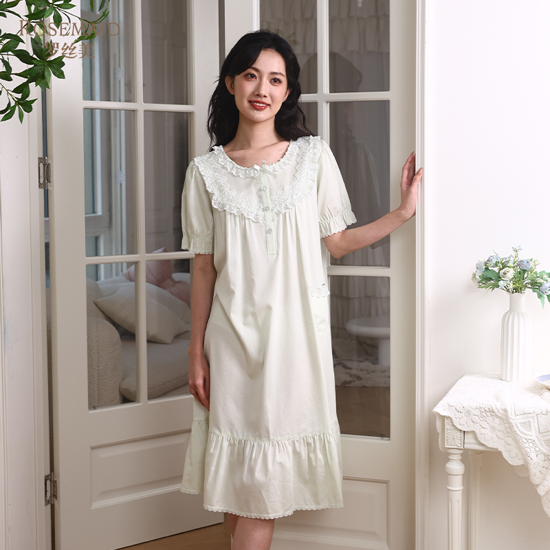 罗丝美15033纯棉贡缎圆领镶蕾丝短袖中长款睡裙女春夏新款家居裙