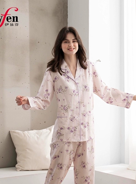 伊丝芬春夏新款100%纯棉直贡印花国民领全开襟长袖衣裤套32046