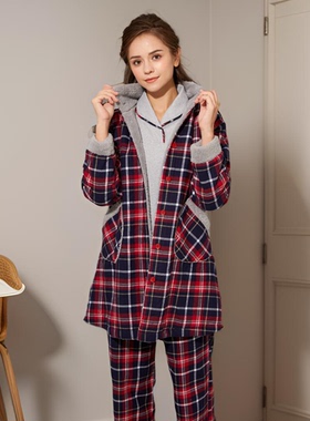 罗丝美11251秋冬新款全棉色织格女士夹羊羔绒家居服保暖长袖外套