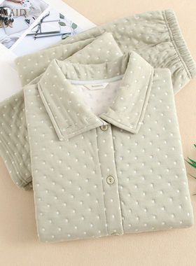 罗丝美2025秋冬新款15254纯棉针织加厚暖棉布长袖睡衣家居服套装