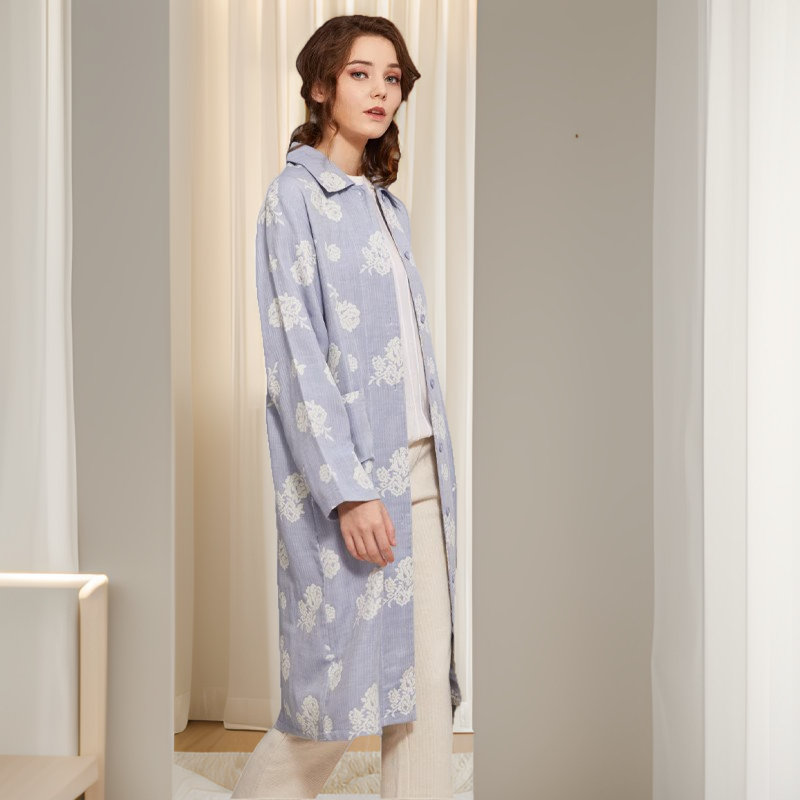 罗丝美10215纯棉针织提花开衫中长款睡裙秋冬新款小翻领家居服女